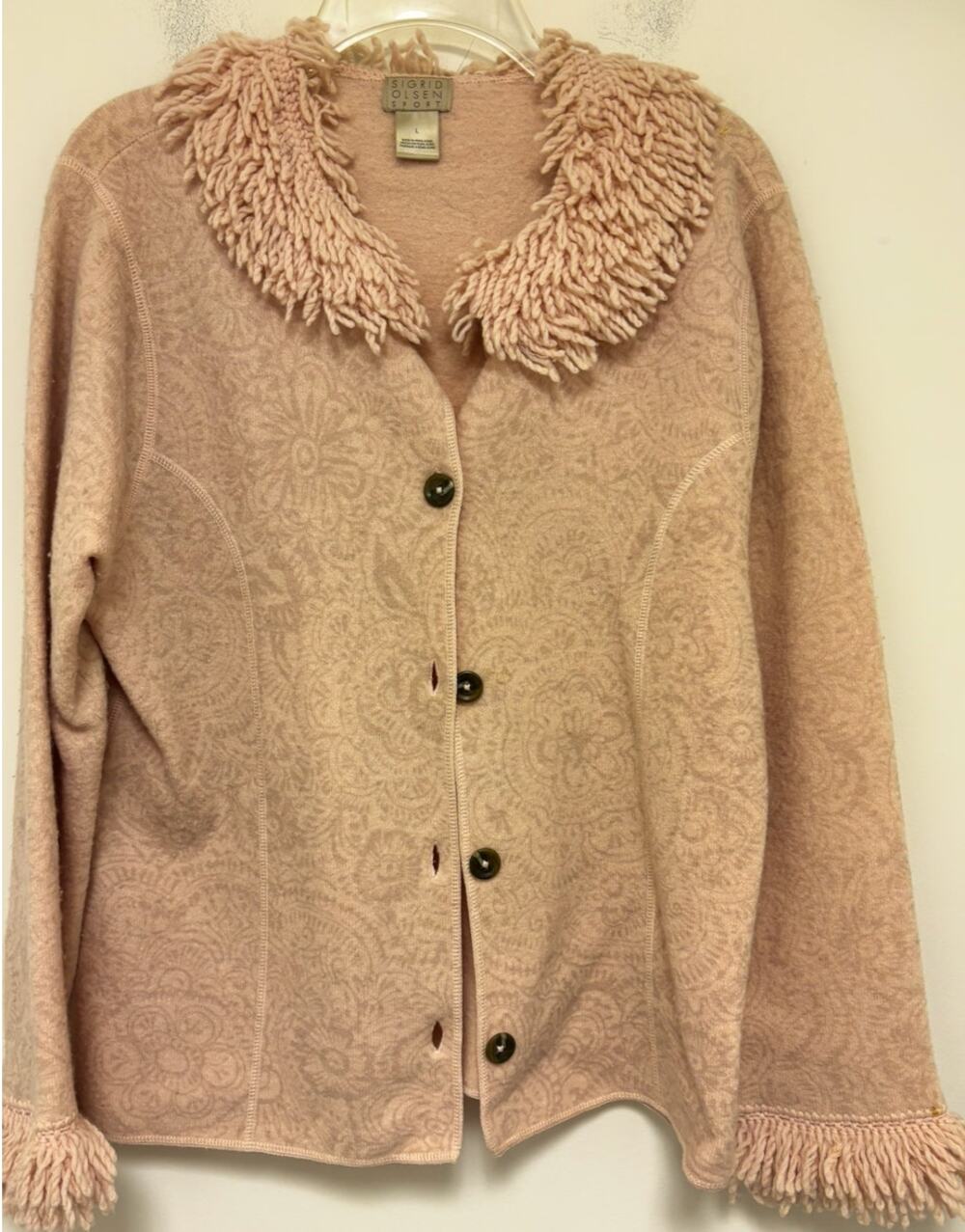 Sigrid Olsen Sport cardigan sweater yarn fringe at collar/cuff pink Size Large